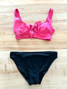 Aerie Pink Tie-Front Bikini Top with Black Bikini Bottom, Sz XS
